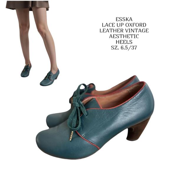 ESSKA VINTAGE RETRO LEATHER TEAL‎ BLUE LACE UP OXFORD HEELS SZ. 6.5/37 - Picture 1 of 7